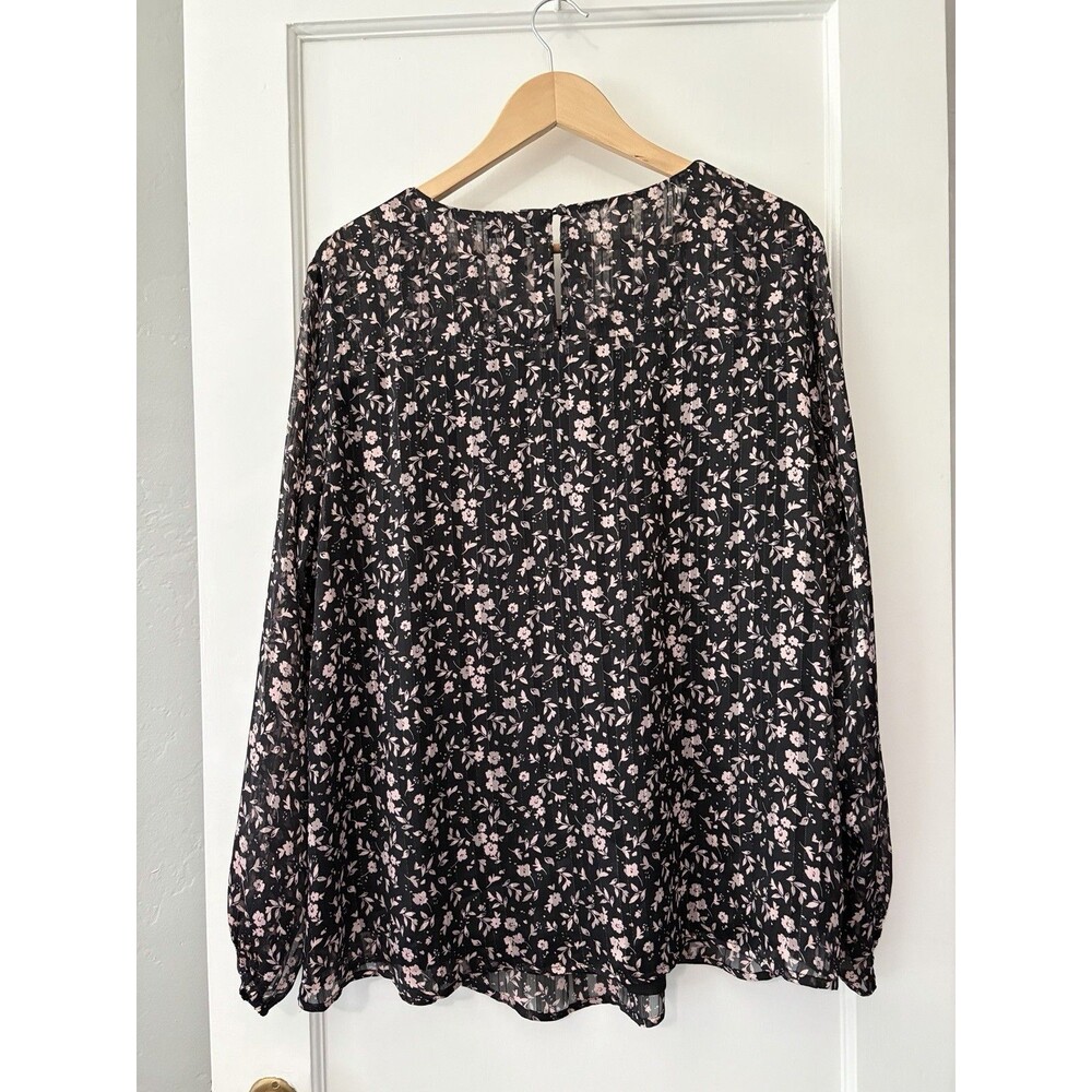 AQUA Curve 2X Floral Chiffon Blouse Sheer Sleeve Babydoll Top Black Pink Cottage - Picture 5 of 7